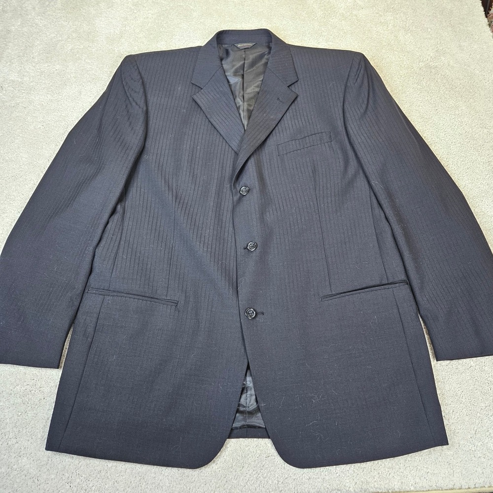 MONTEFINO UOMO Super 120s Merino Wool Blazer Jacket‎ 46L Classic Black Pinstripe